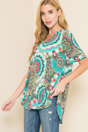 Super Cute Mixed Print Hi Low V Neck Top with Short Ruffle Sleeve - You-nique Bou-tique