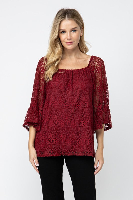 Holiday Perfection - Lace Top with Bell Sleeves and Versatile Neckline