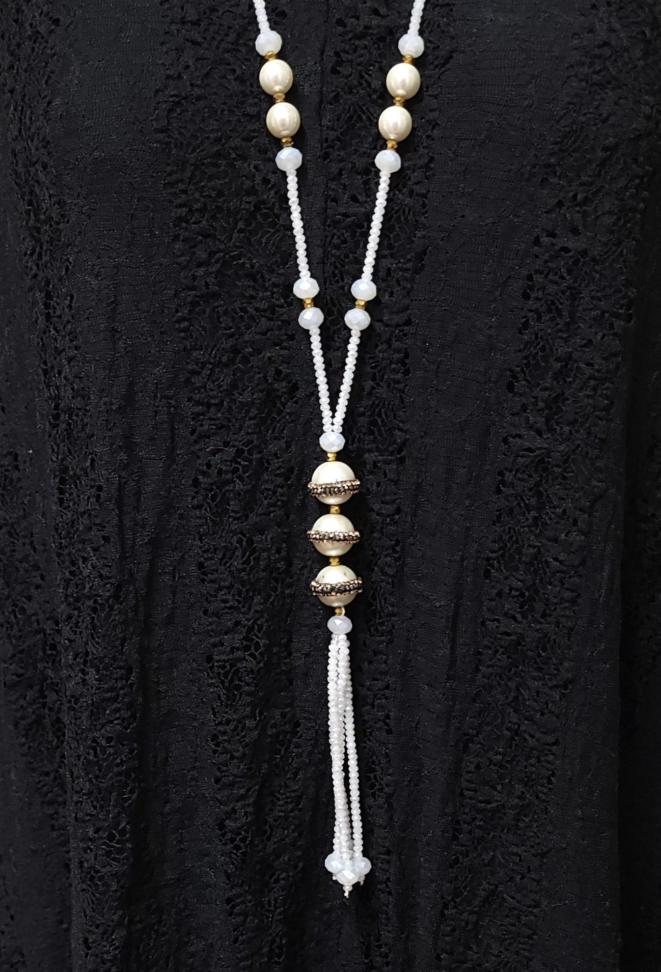 Classy 3 Tier Pearl Necklace with Rhinestones