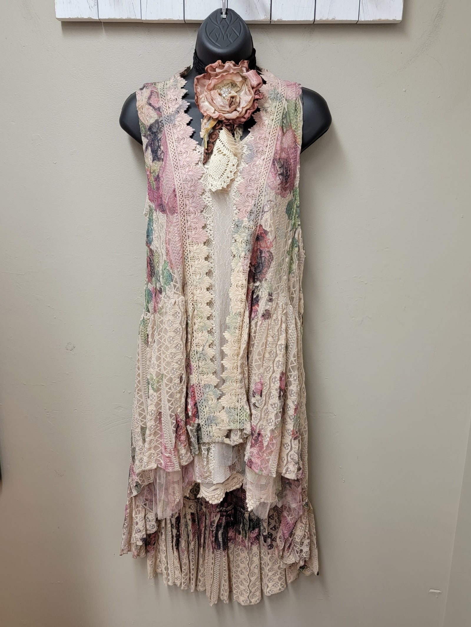 Elegant Lace Vest in Taupe with Luscious Large Roses