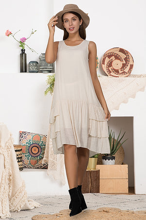 Sleeveless Cream Dress with Side Layered Panels Great for Layering - You-nique Bou-tique