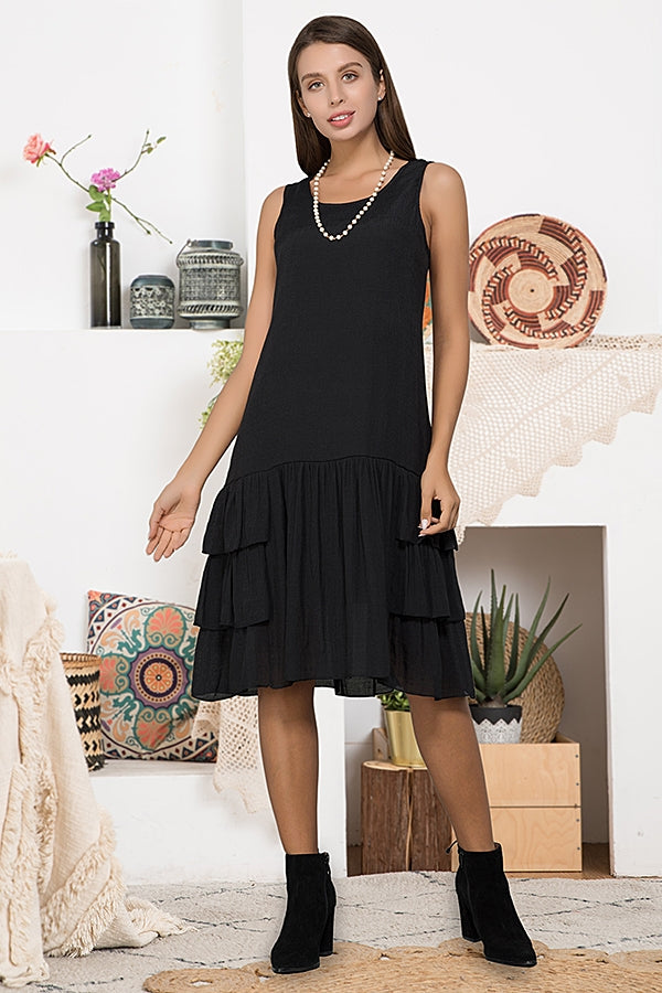 Sleeveless Black Dress with Side Layered Panels Great for Layering - You-nique Bou-tique