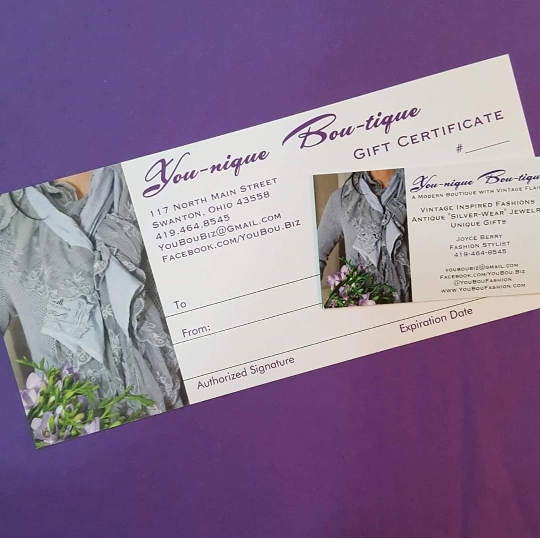 Gift Yourself or Someone You Love with a $25 YouBou Gift Certificate! - You-nique Bou-tique