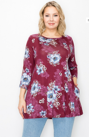 Gorgeous Burgundy 3/4 Sleeve Top with Pockets Plus Size