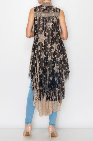 Stunning Lace Vest in Taupe & Black with Stars