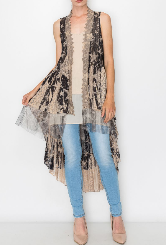 Stunning Lace Vest in Taupe & Black with Stars