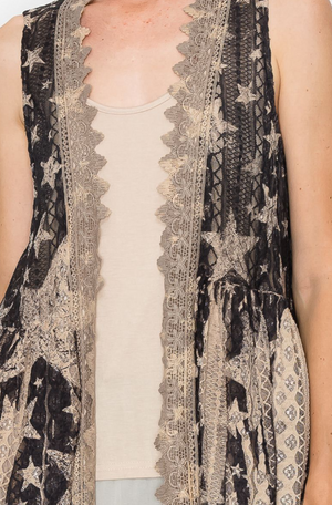 Stunning Lace Vest in Taupe & Black with Stars