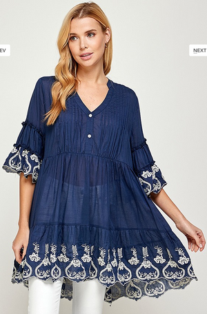 Stunning and Oversized  Navy and Lace Vintage-Inspired Top