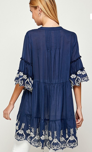 Stunning and Oversized  Navy and Lace Vintage-Inspired Top