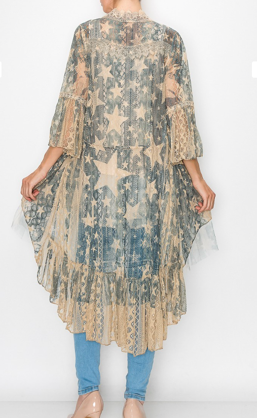 Denim Blue Star Design Lace Duster with a Vintage-inspired Look.