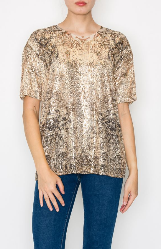2 Color Ways - Romantic Holiday Sequins Rose Top