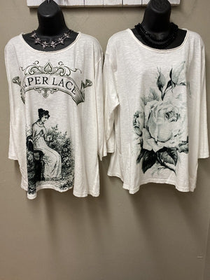 2 Graphic Prints - One Size Casual Top with 3/4 Sleeves - You-nique Bou-tique